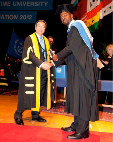 Mr. Lavalie receives his MSc degree from the Secretary General of the IMO Koji Sekimizu